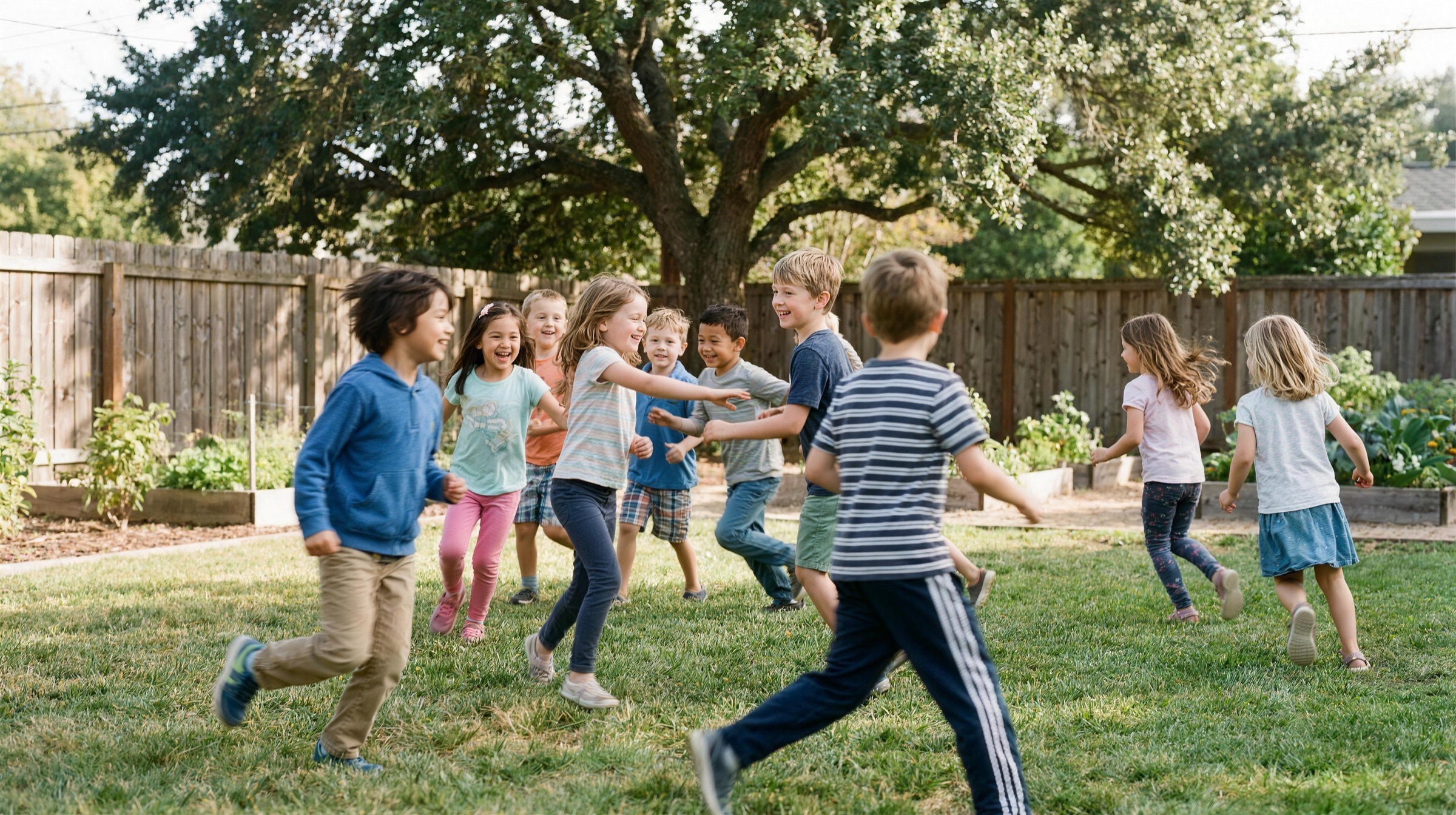 Happy children playing together in the safe backyard of their home
